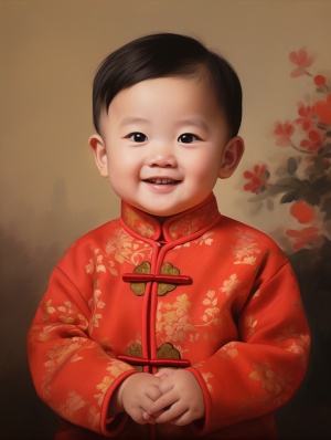 中国1岁萌宝男孩新年装扮