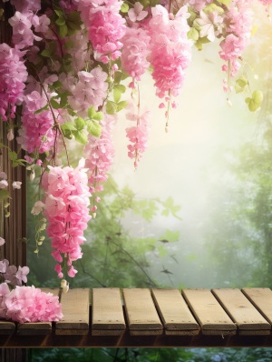粉红色的花朵悬挂在木制路径上方，柔和的风格，梦幻般的质量，浅绿色和粉红色，32k uhd，斑驳，浅白色和深粉红色，色彩纯净，精致的花朵