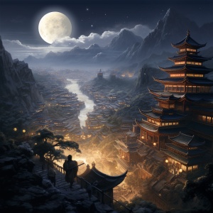 一轮明亮的月亮照耀在中华大地上空