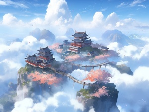 3D微观世界景的高山云层蓝天亭子古代意境