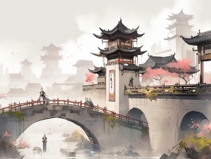 江南水乡的徽派建筑和古汉代风格的水墨画景观