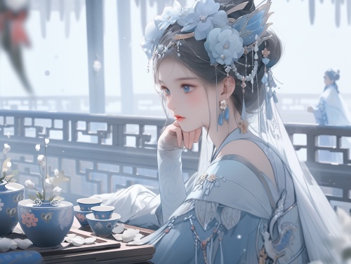 中国古代明代风格，一个女孩若有所思的坐在桌子前看向远方 中景唯美风格，着浅蓝色华服，头戴头饰