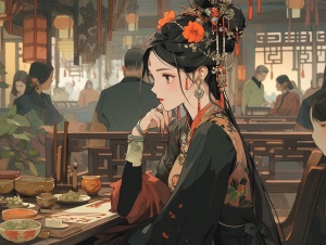 中国古代明代风格，一个女孩若有所思的坐在桌子前看向远方 中景唯美风格，着黑色的华服，盘头戴头饰