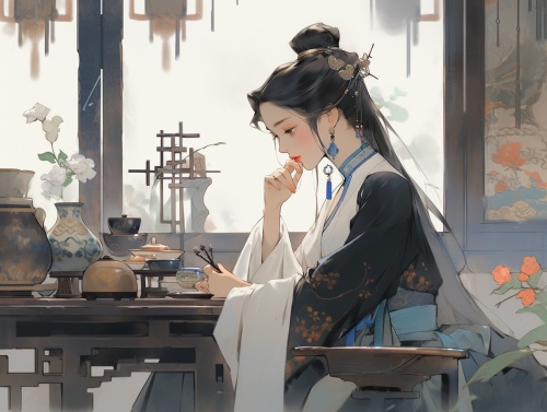 中国古代明代风格，一个女孩若有所思的坐在桌子前看向远方 中景唯美风格，着黑色的华服，盘头戴头饰