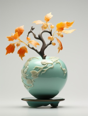 中国画风格的瓷器展台上的浅琥珀色苹果