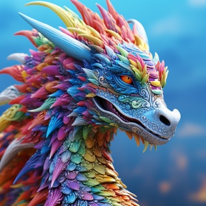 Up close, Rainbow Dragon, ip, anthropomorphic character image, clean background scene, Minimalism, Chinese Dragon, C4D rendering, Surrealism, master works, movie lighting, Ultra HD, Fine detail, color level, 32K HD 3:4v 6.0