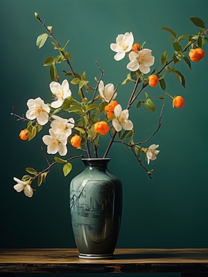 一个绿色的花瓶包含灰色的桌子上的花，在使用传统的中国艺术技术的风格，照片逼真的技术，崇尚，华丽的色彩，梅花，橙色和绿色，壁纸