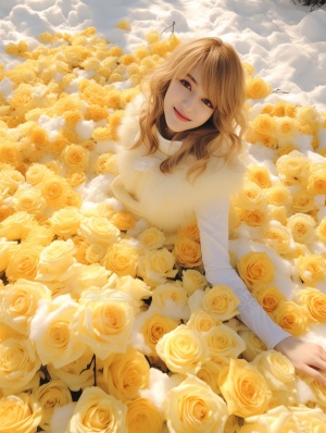 Bright Yellow Roses in Snow: A Kawaii Aesthetic Environmental Installation