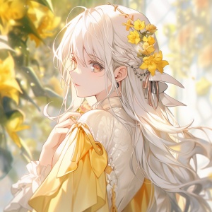 黄色衣群下的古典白发女孩：精致的flora描绘风格
