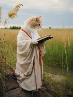 一只可爱的橘猫 穿着中国古代诗人的白色长衣,站在农村里面农田附近,看着远方,背对镜头,拿着书