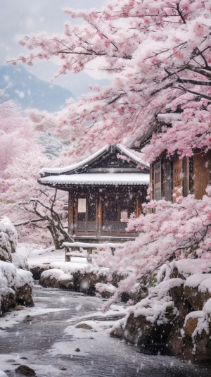 冬天雪景，古老梅花树开满粉色梅花，小木屋，小桥流水，近景