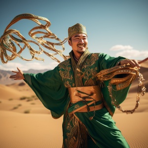 中国男子穿绿色敦煌服饰，在沙漠中开心舞蹈