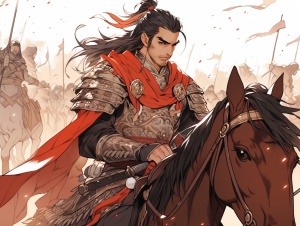 古代场景，一个征战沙场的将军，男性，身穿铠甲，衣袂飘飘，骑着战马凯旋回京