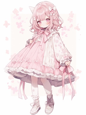 粉色可爱的小女孩，衬衫领连衣裙和蝴蝶结的日式动画风格