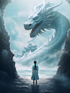 Drone view,In front of the relievo dragon stands a Chinese beautiful girl,12years old,cyan ，a gorgeous Hanfu,cyan， relievo dragon,dream scene, grand scene,minimalism,Chinese dragon,C4D rendering,Surrealism,meticulous design, asymmetrical balance,master works,movie lighting, Ultra HD, fine details, color grading.32k HDar 9:166v 6.0