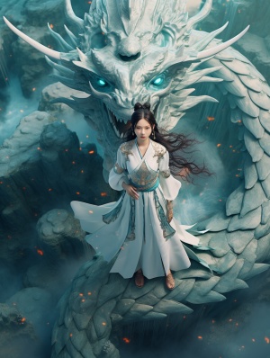Drone view,In front of the relievo dragon stands a Chinese beautiful girl,12years old,cyan ，a gorgeous Hanfu,cyan， relievo dragon,dream scene, grand scene,minimalism,Chinese dragon,C4D rendering,Surrealism,meticulous design, asymmetrical balance,master works,movie lighting, Ultra HD, fine details, color grading.32k HDar 9:166v 6.0