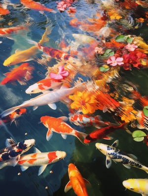 许多锦鲤鱼在池塘里游泳，风格如理光gr iii，高桥留美子，与普罗维亚合影，橙色和绿色，黛比·弗莱明咖啡，街头艺术情感，自然现象
