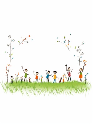 Simple cartoon,stick figure style,white background,children are playing on the grass