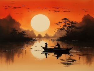 一叶轻舟，一个钓翁，夕阳西下