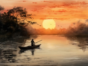 一叶轻舟，一个钓翁，夕阳西下