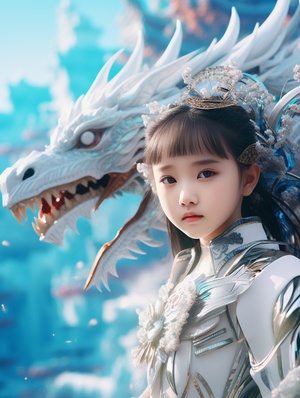 Drone view,In front of the relievo dragon stands a Chinese beautiful girl,12years old,cyan ，Her eyes are clear and transparent.a gorgeous Hanfu,cyan relievo dragon,dream scene, grand scene,minimalism,Chinese dragon,C4D rendering,Surrealism,meticulous design, asymmetrical balance,master works,movie lighting, Ultra HD, fine details, color grading.32k HDar 9:166v 6.0