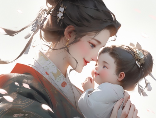 中国古代明代风格，一个明代女子怀里抱着刚出去的婴儿，中景唯美风格，盘发戴头饰，超高清画质，36k