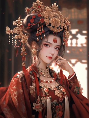 Ancient,beauty,,wedding,dress,,long,black,hair,,delicate,makeup,,exquisite,hair,accessories,,neck,ornaments,,ear,ornaments,,Fengguan,Xia,,wearing,luxurious,and,atmospheric,red,and,gold,pattern,Han,costume,,hazy,sense,,eyes,looking,at,the,camera,,surrounded,by,red,balloons,,emitting,atmosphere,around,the,body,light,,auditorium,background,,dreamlike,sense,,hazy,sense,,ancient,style,,perfect,composition,,fine,details,,movie,texture,,8k,,masterpiece,,quadratic,illustration.,情侣一对