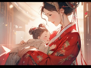 一名貌美女子，红色汉服，中国风，抱着孩子，
