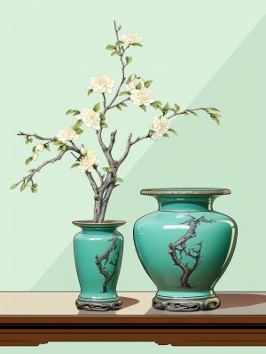 花盆前两个花瓶，花瓶以天青色背景显示，中国传统山水景观，浅翡翠色，uhd图像，油漆，喷枪艺术，简单设计，东西方融合，绿色和灰色