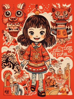 lino cut of an illustration of a girl of the chinese zodiac wearing a lion's head, in the style of rendered in cinema4d, playful character designs, dragon art, light red, plush doll art, cinestill 50d, culturally diverseelements, colorful, textured, patterned, fine art print, ar 3:4 c 12 s 185 - -v 6一幅中国十二生肖女孩头戴狮子头的利诺剪纸，以cinema4d 渲染的风格，俏皮的人物设计，龙的艺术，浅红色，毛绒娃娃艺术
