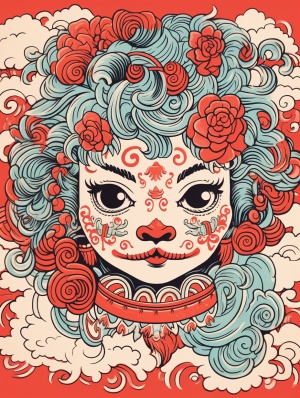 Colorful Lino Cut of Chinese Zodiac Girl with Lion's Head