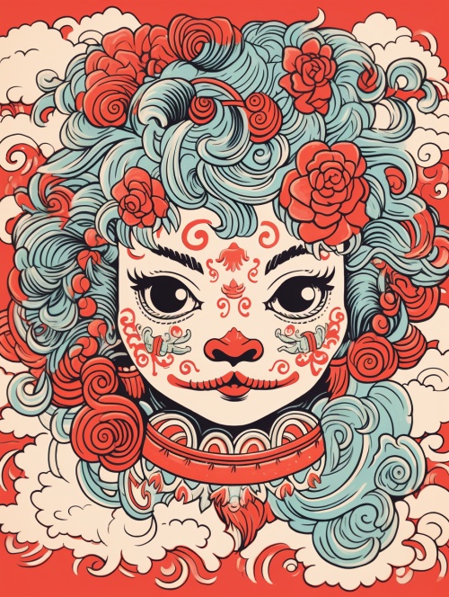 lino cut of an illustration of a girl of the chinese zodiac wearing a lion's head, in the style of rendered in cinema4d, playful character designs, dragon art, light red, plush doll art, cinestill 50d, culturally diverseelements, colorful, textured, patterned, fine art print, ar 3:4 c 12 s 185 - -v 6