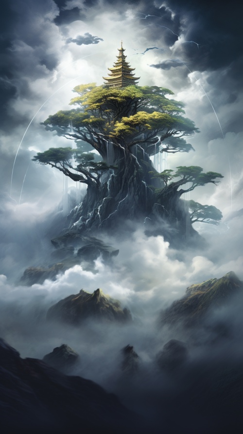 昆仑山巅上有一颗高耸入云的古树，形状奇形怪状，通体发光，四周被胡泊包围