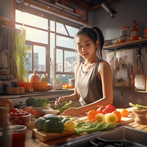 一位可通的的中国女孩在宽敞明亮的厨房里做中餐，展示五颜六色的蔬菜，正面视角，细节丰富，清晰可 鲜明的色彩
