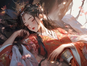 中国古代美女，身受重伤，破碎感，趴在地上，双眼紧闭，侧面镜头，全身展示