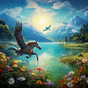 马在海上飞奔，鱼在水里游，鸟在天空中飞，青山绿水花海，五彩缤纷！