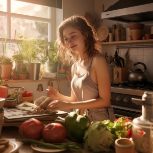 一个可爱的女孩听着音乐在厨房做饭，有五彩鲜艳的蔬菜和水果，画面温馨愉快，厨房阳光灿烂，8k,高清