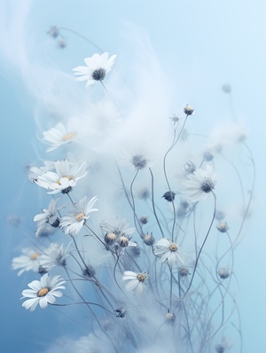 Close-up, lowered head, Small daisys made of smoke, floating in the air, by akos major,abstract, motion blur, frozen moment, stunning imagination, 雾霾蓝和白色, dissipate, as silky as water