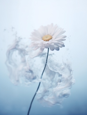 Close-up, lowered head, Small daisys made of smoke, floating in the air, by akos major,abstract, motion blur, frozen moment, stunning imagination, 雾霾蓝和白色, dissipate, as silky as water