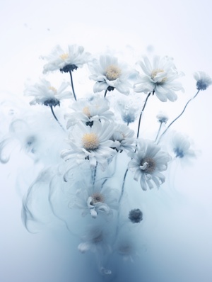 Close-up, lowered head, Small daisys made of smoke, floating in the air, by akos major,abstract, motion blur, frozen moment, stunning imagination, 雾霾蓝和白色, dissipate, as silky as water