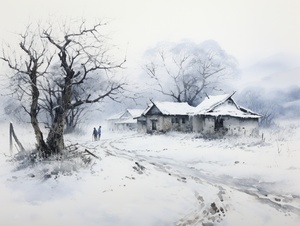 中国北方农村土坯房，枯树，炊烟，路面全是白雪，下雪了，雪景，有一个农村老人在扫雪！