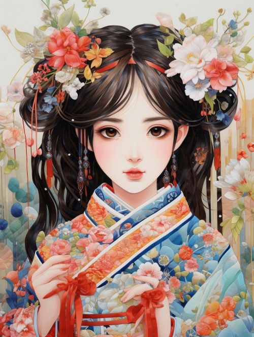 一个可爱的中国女孩穿着汉服折纸风格，近距离，生动的色彩，混合图案和花卉