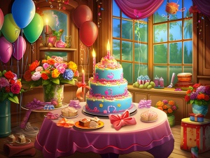 生日场景：欢快的派对氛围、绚丽的装饰品、细腻的蛋糕、绽放的气球、灿烂的彩灯、欢笑声、炫耀的烛火、欢乐的音乐、好友团聚、幸福的笑容、温馨的氛围、甜蜜的祝福、礼物的堆叠、闪耀的独角兽、五彩斑斓的糖果、缤纷的彩纸、迷人的花束、美味的食物、热烈的拥抱、欢快的歌声、感激的泪水、幸福的瞬间、温暖的拥抱、家人的陪伴、美好的回忆、庆祝的场景、快乐的笑容、生日快乐的歌曲、喜庆的氛围、希望的祝福、美丽的氛围，现实场景，真实