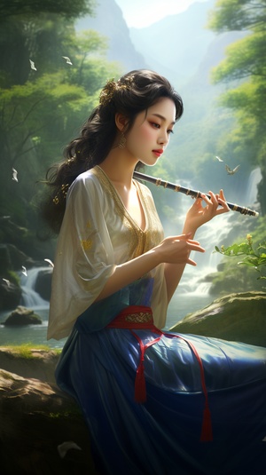 深山老林中的中国古代工笔画美女