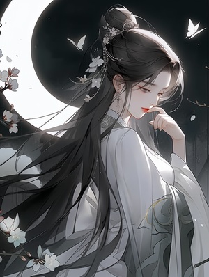 a traditional chinese woman holding a flower and in front of a white moon, in the style of nightcore, gloomy, mysterious mood, haunting elegance, sombre, dark romantic