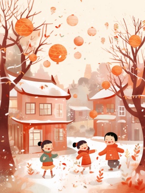 Chinese traditional folk custom New Year illustration, 3 kids playing in the courtryard, chinese light ink rendering painting style, frosted texture, Craft this scene in a lively Children's hand-drawn illustration style, art by ryo takemasa ar 3:4 v 6.0 style raw