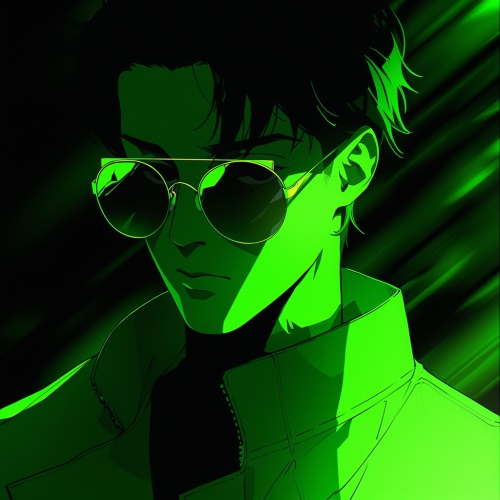 黑客帝国，戴墨镜的男人，亮绿色，发光特效，纯黑背景