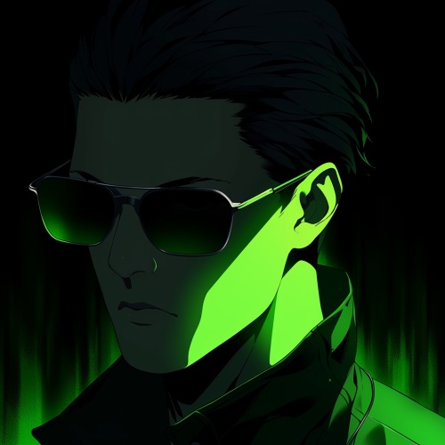 黑客帝国，戴墨镜的男人，亮绿色，发光特效，纯黑背景