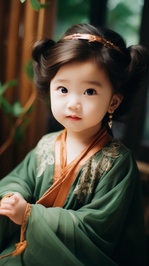 穿中式汉服的二岁小女孩，开怀大笑着，正看着镜头，汉服优雅高贵，翡翠绿的汉服，上面有珍珠装饰，真实细腻，全身照