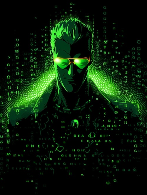ASCII，黑客帝国，戴墨镜的男人，亮绿色，发光特效，纯黑背景